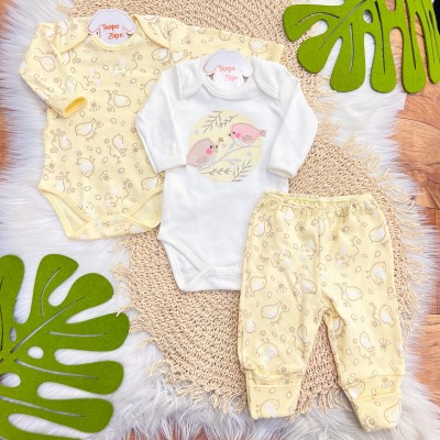  CONJ. DE MALHA 3 PEÇAS - Passarinhos - Off White e Amarelo